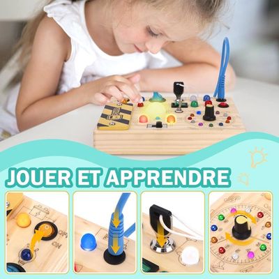 Silvotek Busy Board Montessori Avec LED – 15 Lumières, 8 Interrupteurs – Contreplaqué Qualité Armoire – Portable 18,5 X 10 Cm – Dès 2 Ans