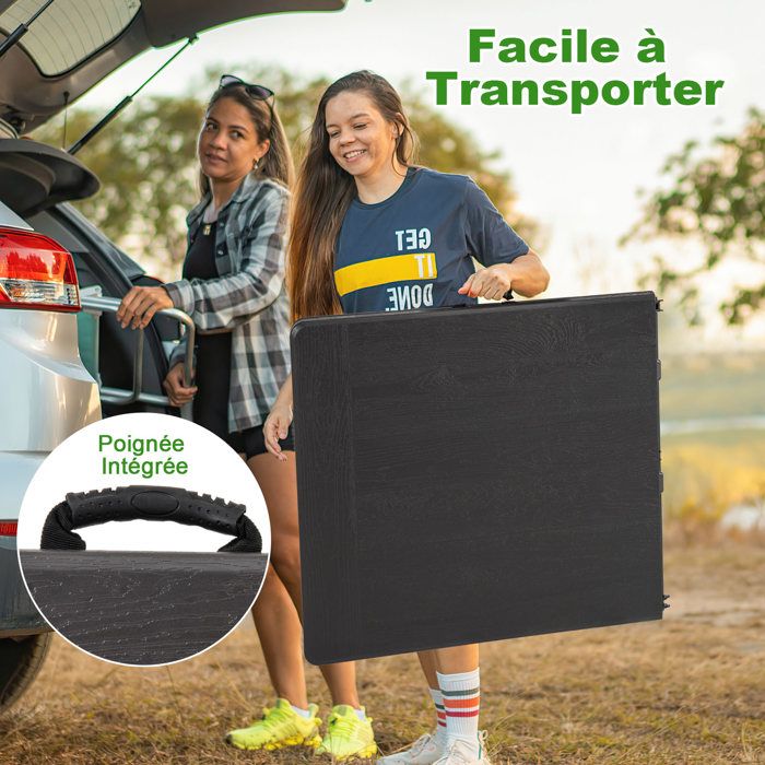 COSTWAY Table De Camping Pliante 152 Cm – PEHD, Imitation Bois, Supporte 180 Kg, Pour 4-6 Personnes, Blanc/noir