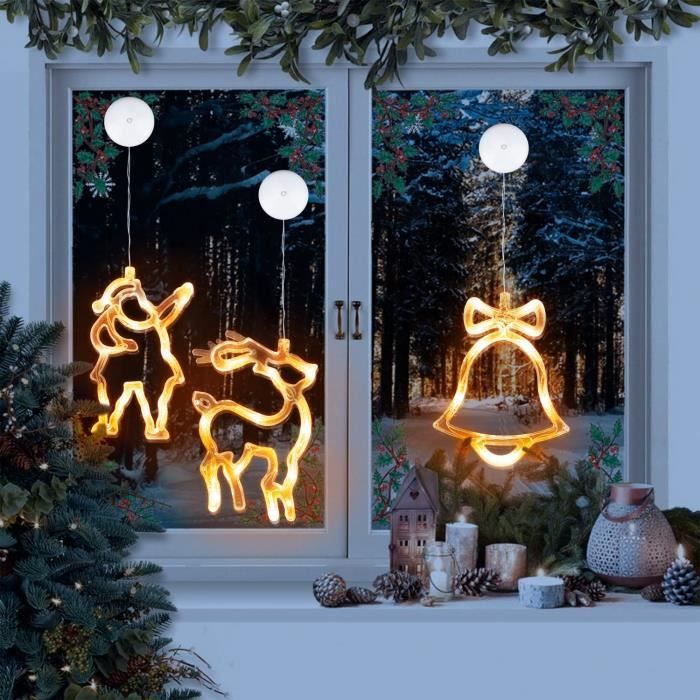 4 décorations de fenêtre de noël, cloche d'arbre de noël, lumières de  fenêtre de renne avec ventouse, cheminée de noël, décor de fête à domicile