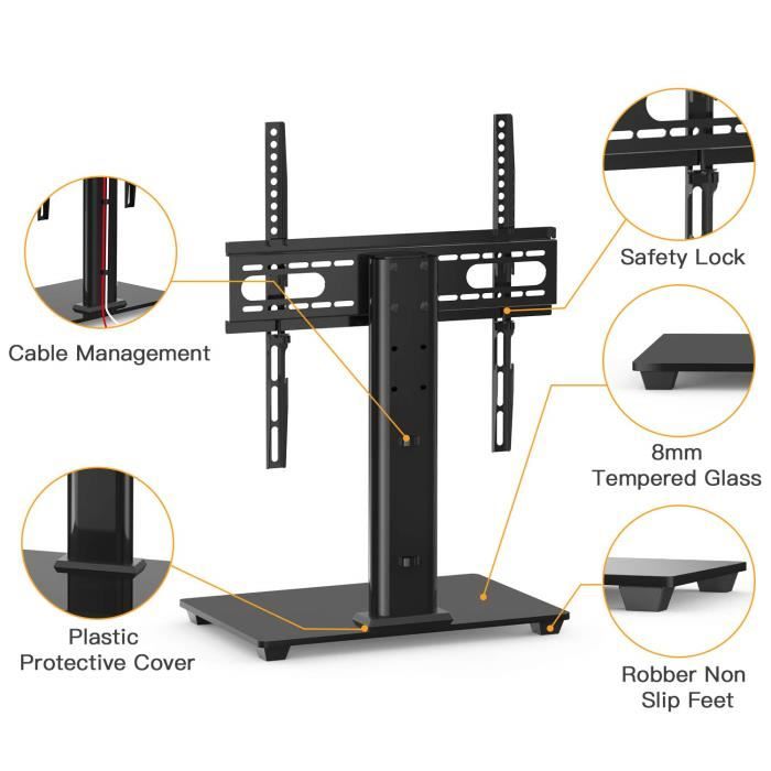 Support TV Universel Pivotant 360° – Pour écrans 13 à 32 Pouces – Hauteur Réglable – Base Verre Trempé
