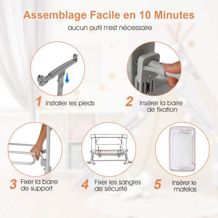Lit Cododo Bébé 3 En 1 COSTWAY - Avec Matelas, 5 Hauteurs Réglables Et Roues