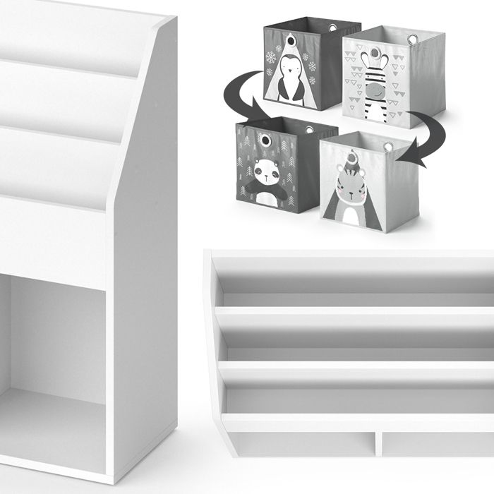 Vicco Bibliothèque Enfant Conny Blanc – Étagère 72x79 Cm Avec 3 Grands Compartiments + 2 Espaces Boîtes Pliantes, Rangement Jouets