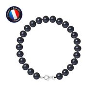 PERLINEA - Bracelet - Véritable Perle de Culture d'Eau Douce Semi-Ronde 7-8 mm Black Tahiti - Mousqueton - Bijoux Femme