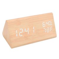 Qiilu Réveil numérique en bois Horloge en bois numérique triangulaire Heure Date Affichage de la température et de l'humidité