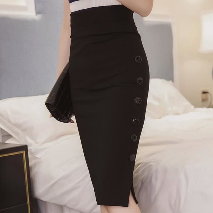 Jupe crayon pour femme Taille haute jupe de bureau fendue avec bouton et  taille haute Noir - Cdiscount Prêt-à-Porter