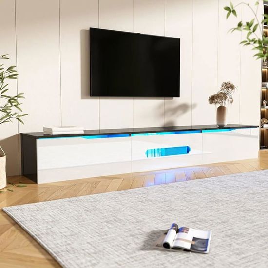 Meuble TV Mural 180cm Avec éclairage LED 16 Couleurs - 3 Portes, Design Bois Et Noir, Montage Facile (KOMHTOM)