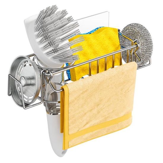 Support Multifonction Évier Cuisine – Porte-Éponge, Chiffon & Torchons Avec Bac Récupérateur D'Eau
