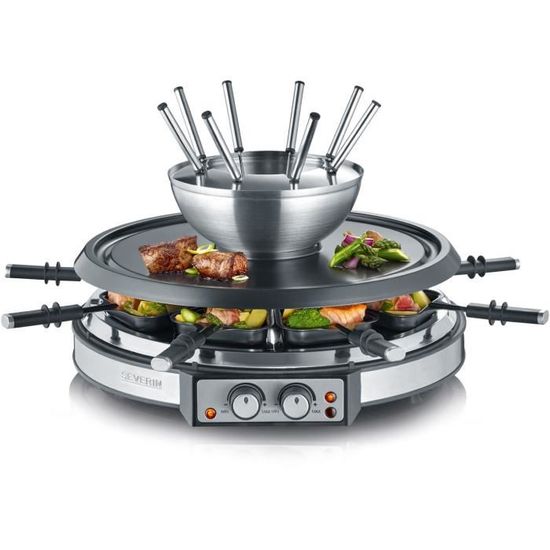 SEVERIN RG2348 - Combiné 2 en 1 Raclette et Fondue 8 personnes - 1900W - 8 fourchettes à fondue et 8 spatules - Cuve Inox