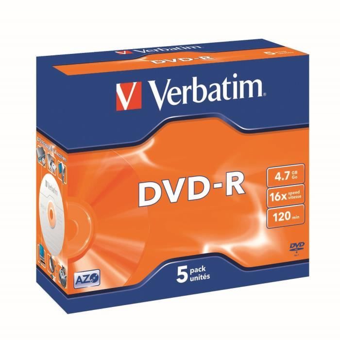 DVD-R VERBATIM - Pack de 5 - 16x - 4.7 Go - Boîtier crystal