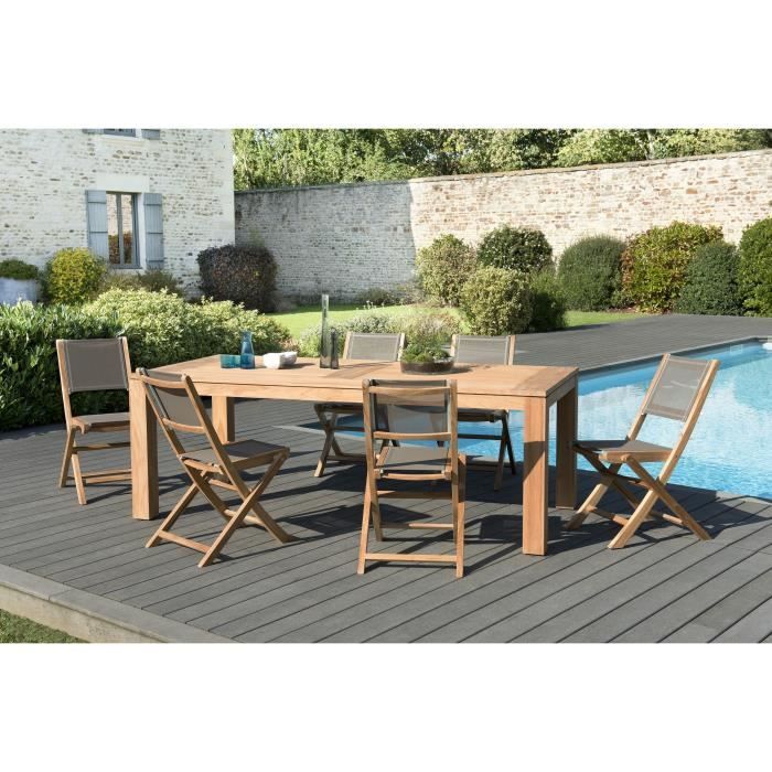 Ensemble de jardin en teck : 1 table à manger Denver 220 x 100 cm - 3 lots de 2 chaises pliantes en textilène, couleur taupe JARDITE