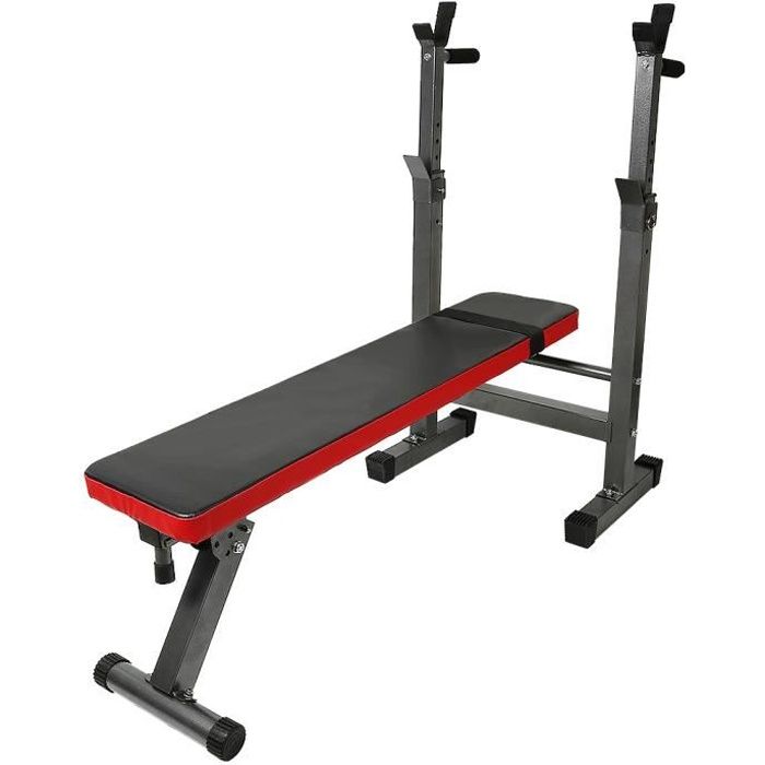 Banc de Musculation avec Support de Barres pour Haltère et Station à Dips - Noir et Rouge