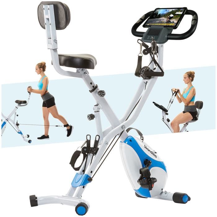 Vélo d'appartement Pliable - Skandika Foldaway X-3000 - 8 Niveaux de Resistance - Dossier-Bluetooth - Inertie 4,5 kg - Bleu