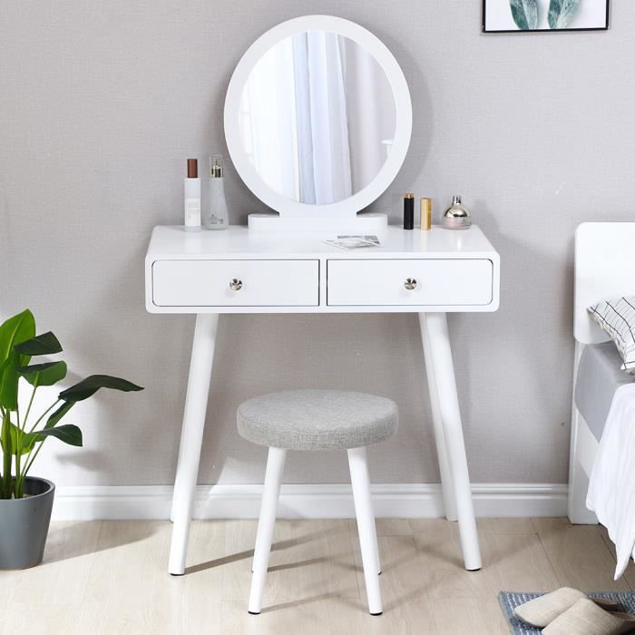Coiffeuse BILING 2 Tiroir, Miroir rond - 80 x 40 x 125 cm