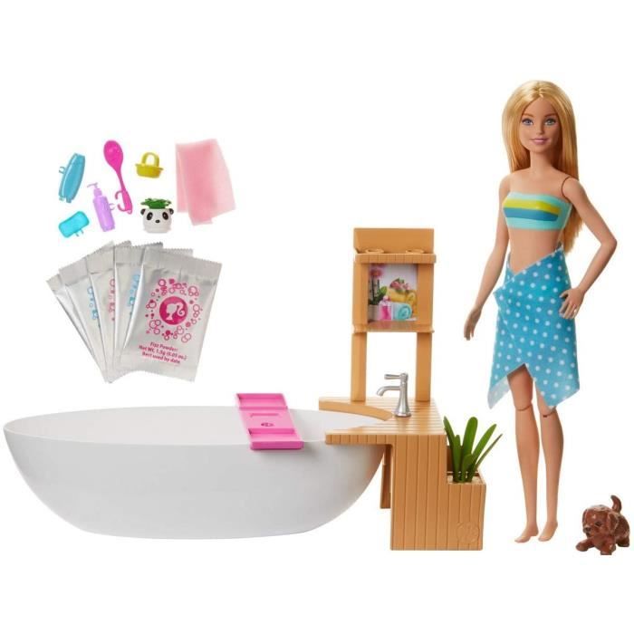 Barbie coffret Bain Coloré avec poupée blonde baignoire figurine chiot et accessoires jouet pour enfant