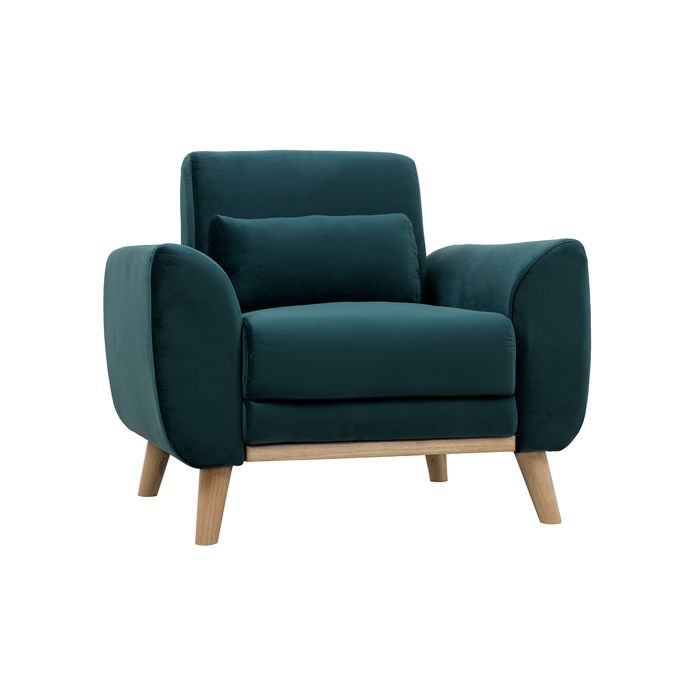 Miliboo - Fauteuil design velours bleu pétrole et bois clair EKTOR