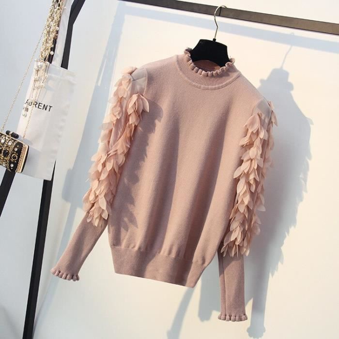 PULL,HLBCBG À Volants Col Tricoté Femmes Pull Printemps Automne Pull Large Mode Fleurs Manches Pull Pull Femme Pull - Type Marron