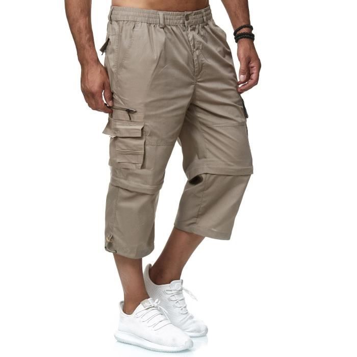 Men Cargo Shorts 3-4 Casual Capri Pants Side Pockets Light Trekking Pants Shortenable with Zipper