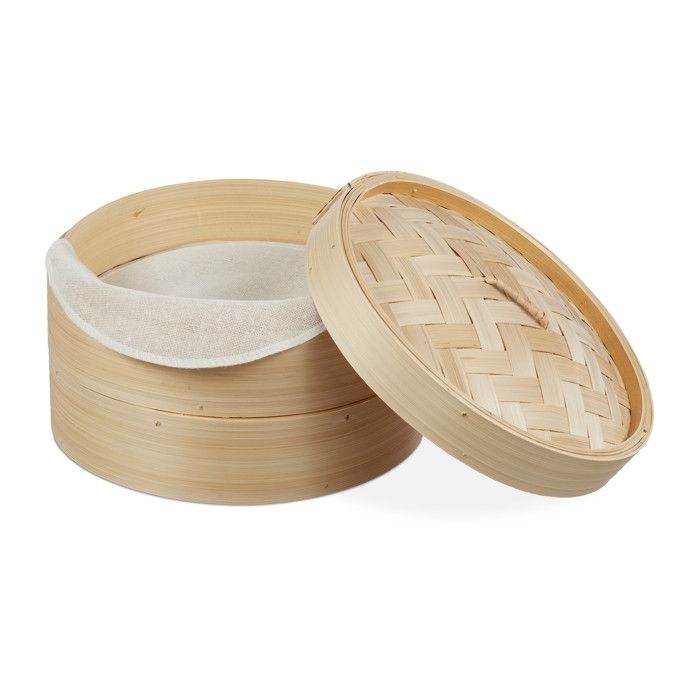 Relaxdays Bambus Dampfgarer, asiatischer Dämpfkorb mit 2 Etagen, für Dim Sum, Reis, Dampfgarer Einsatz D 26 cm, natur -