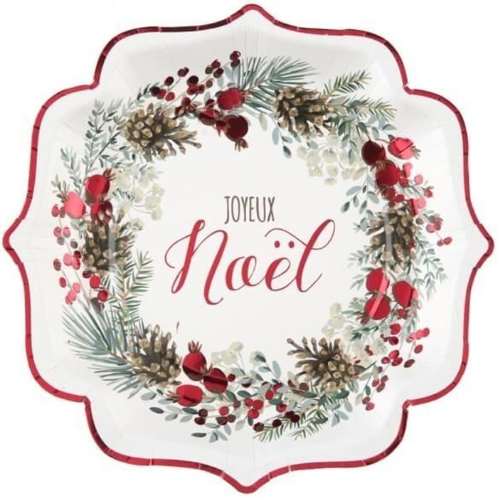 Assiette en carton guirlande de Noël blanche et rouge (x10) REF/7448