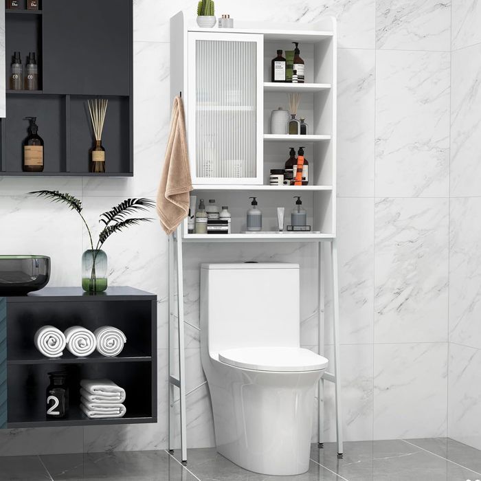 giantex meuble dessus toilettes wc avec porte coulissante-meuble/colonne salle de bain à 5 étages-étagère réglable&amovible-blanc
