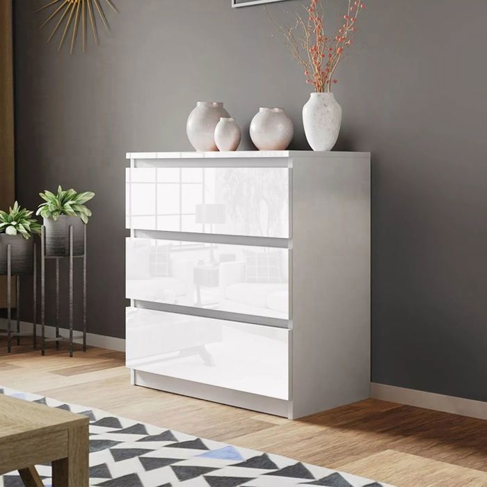 Commode 3 Tiroirs Meuble Rangement Moderne Table de chevet Coiffeuse Meuble Chambre Bureau Salon Cuisine 70x40x77cm Blanc mat