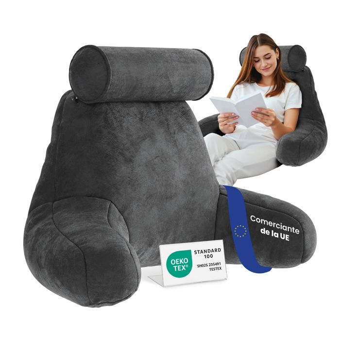 ELONEO Coussin Lecture lit/canapé – Soutien dos/nuque avec accoudoirs et tour de cou amovible 30×72×44 cm confort ergonomique