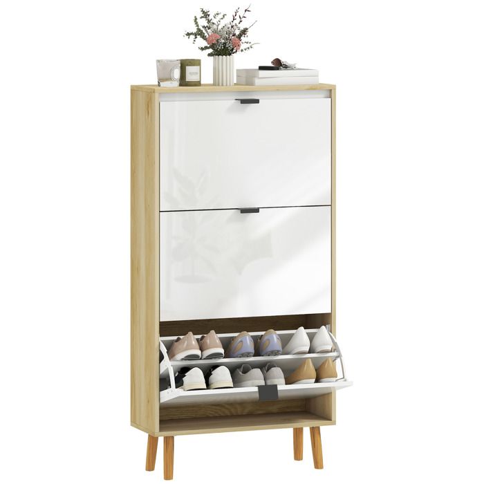 Meuble à chaussures - HOMCOM - 3 tiroirs rabattables et porte haute brillante - MDF - 60x24x127cm - blanc