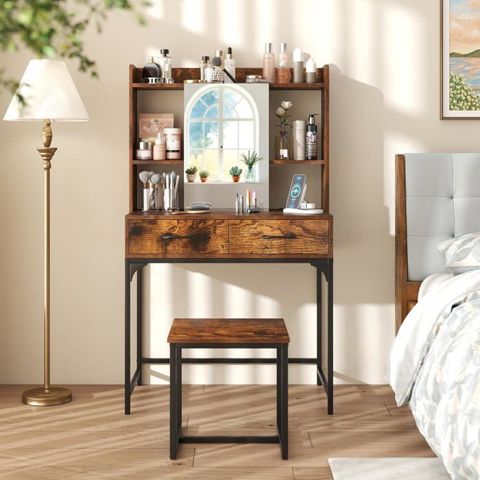 COSTWAY Ensemble Coiffeuse avec Tabouret et Miroir Table de Maquillage avec Station de Charge Tiroirs Étagères Ouvertes Marron