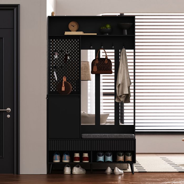 Meuble d’entrée Tout-en-un Vestiaire avec Porte Manteau Banc à Chaussures Crochets Tiroirs et Étagères Noir