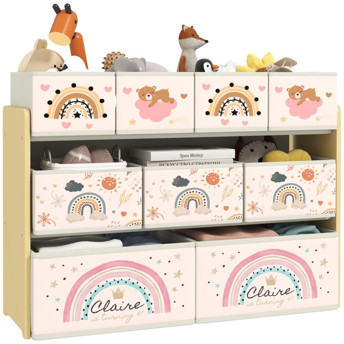 Étagère de rangement enfant - AIYAPLAY - 3 niveaux avec 9 boîtes en tissu non tissé - 93 x 30 x 70 cm - jaune