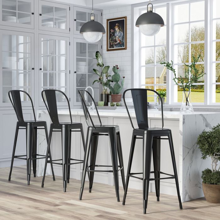 Lot de 4 tabourets de Bar en Métal Chaise de bar Industriel avec Dossier Hauteur Assise 765 cm mét Noir