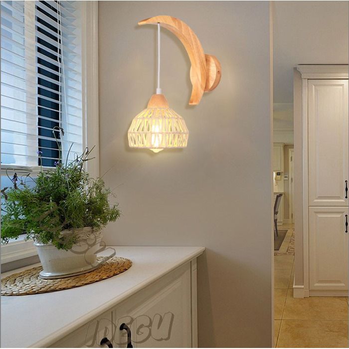ElektraH Moderne Applique Murale Réglable en Bois et Rotin Blanc Lampe Murale Vintage Design Croissant en Cage avec Suport Lune