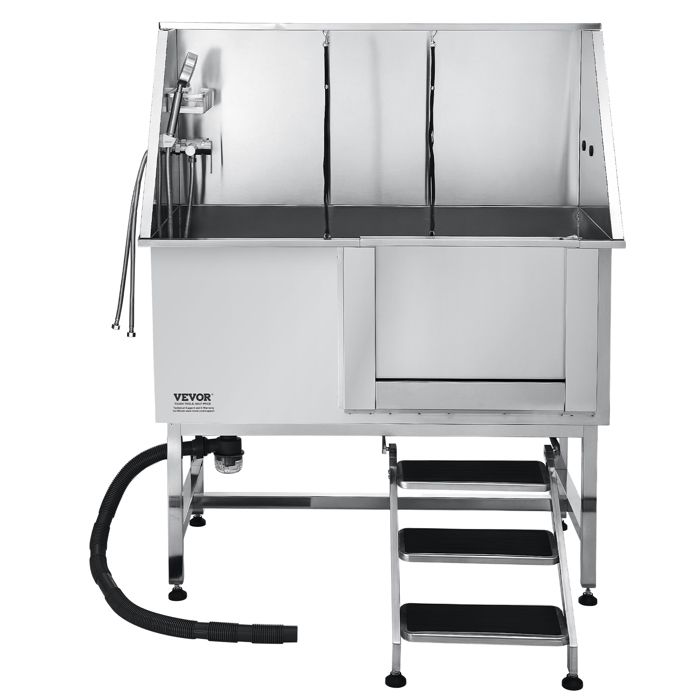 Baignoire de Chien Acier Inoxydable-VEVOR-Baignoire de Toilettage pour Animaux de Compagnie 127 cm-avec Escalier-Porte Droite