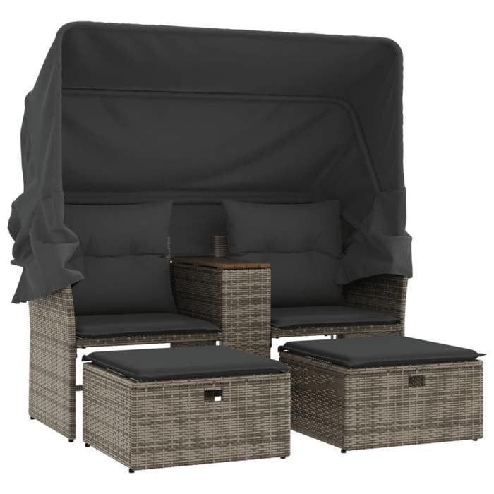 SALE 2026Canapé de jardin - Salon de jardin - facile à nettoyer - 2 places avec auvent et tabourets gris rotin 144x92x69cm 28.2 Kg