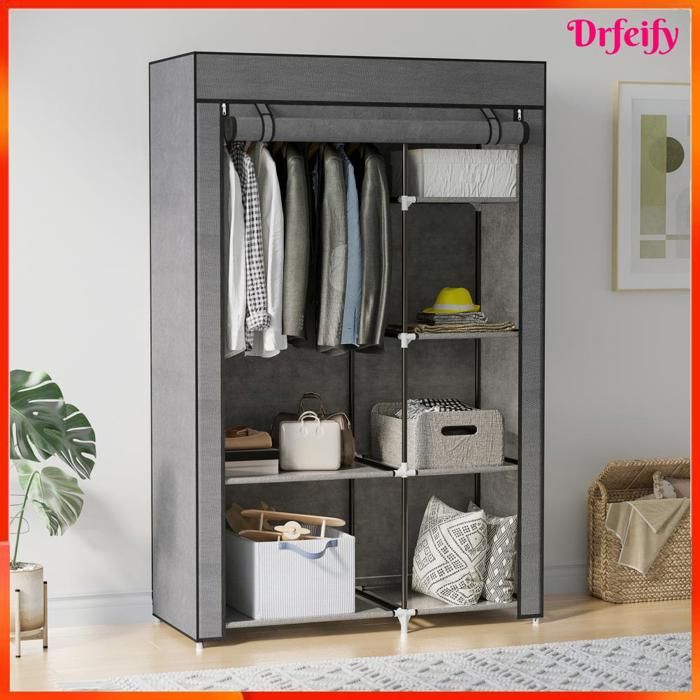 Armoire penderie multi-rangement - AKOZON - 1 barre 6 étagères - Non tissé gris - Structure acier noir - Rideau enroulable