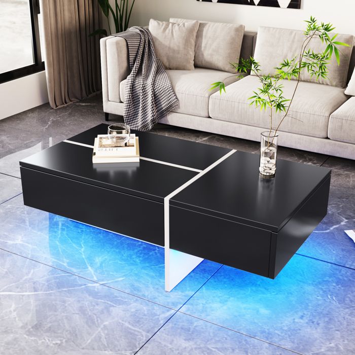 Table basse à haute brillance - 100x50x345 cm - Noir et blanc - Éclairage LED contrôlé par application - Trois tiroirs
