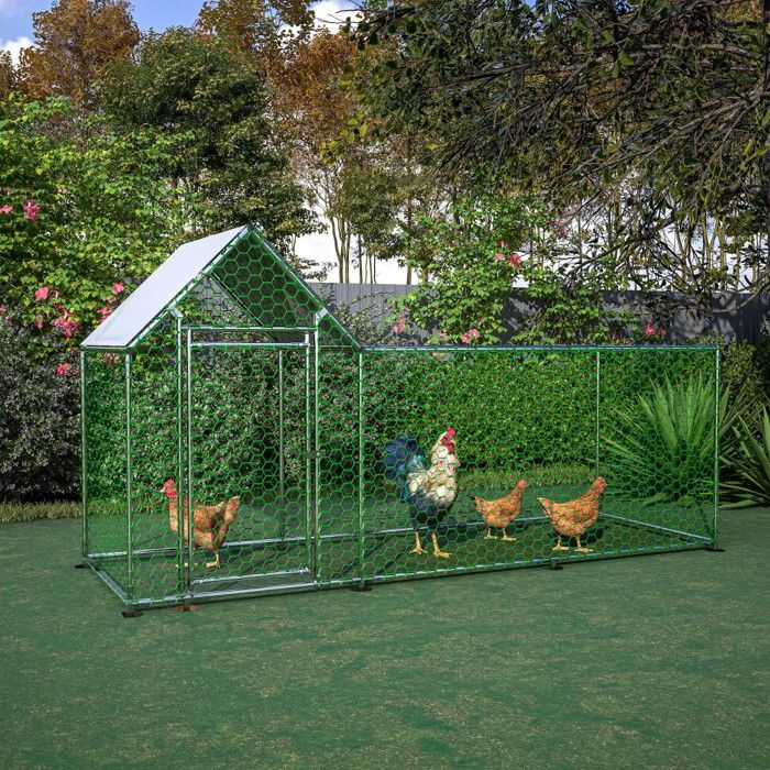Poulailler métallique 303x107x152cm pour poules lapins enclos avec verrou sécurité et bâche imperméable PE résistantArgenté