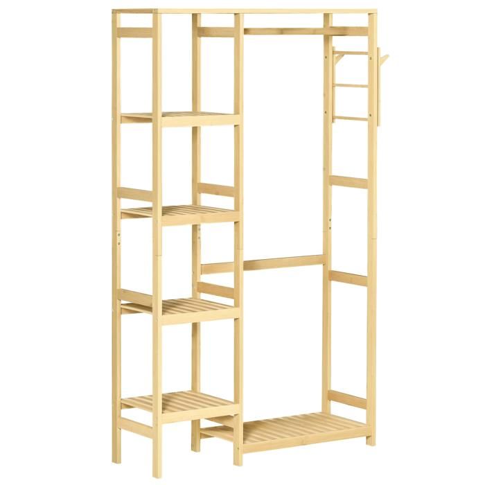 LIA Portant vêtements bambou étagères tringle patères 90x30x155cm
