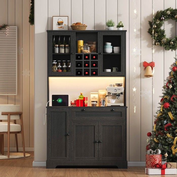 Buffet de cuisine - MINIMAL - N635P380542S - LED changeable (tél. + app) - 2 prises AC & 2 USB - 5 portes vitrées tiroir