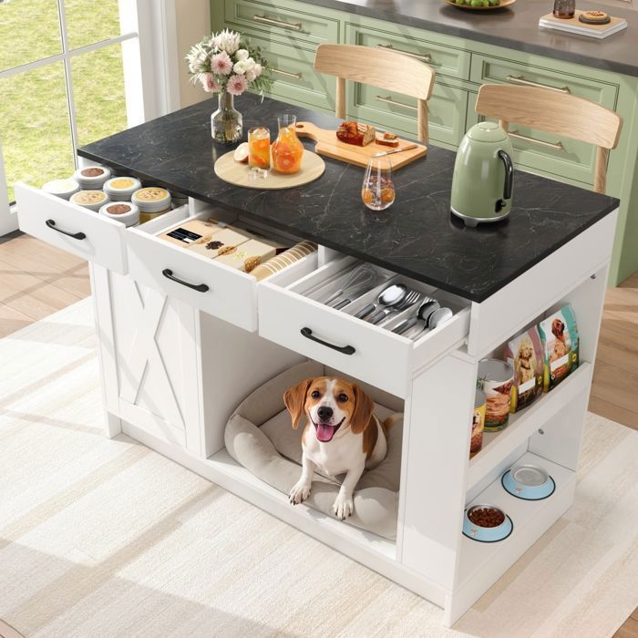 Merax Îlot de Cuisine - Noir et Blanc - avec Espace pour Animaux - 3 Tiroirs et Rangements Latéraux - 120×60×90 cm
