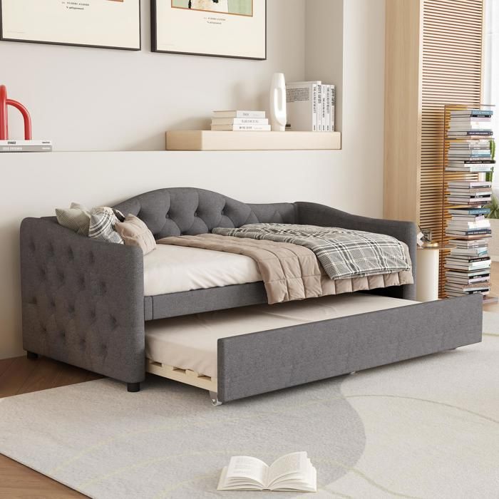 Lit gigogne 90x200 avec sommier Canapé-lit extensible gris