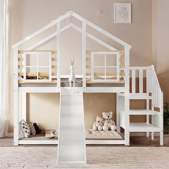Lit mezzanine en bois massif clean white avec toboggan et fenêtre style cabane 90x200 cm