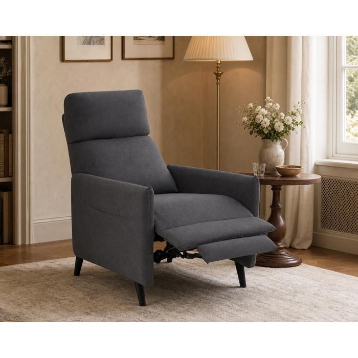 Fauteuil inclinable - PAGE LIVING - Lin - Dossier réglable - Repose-pieds réglable - Gris foncé