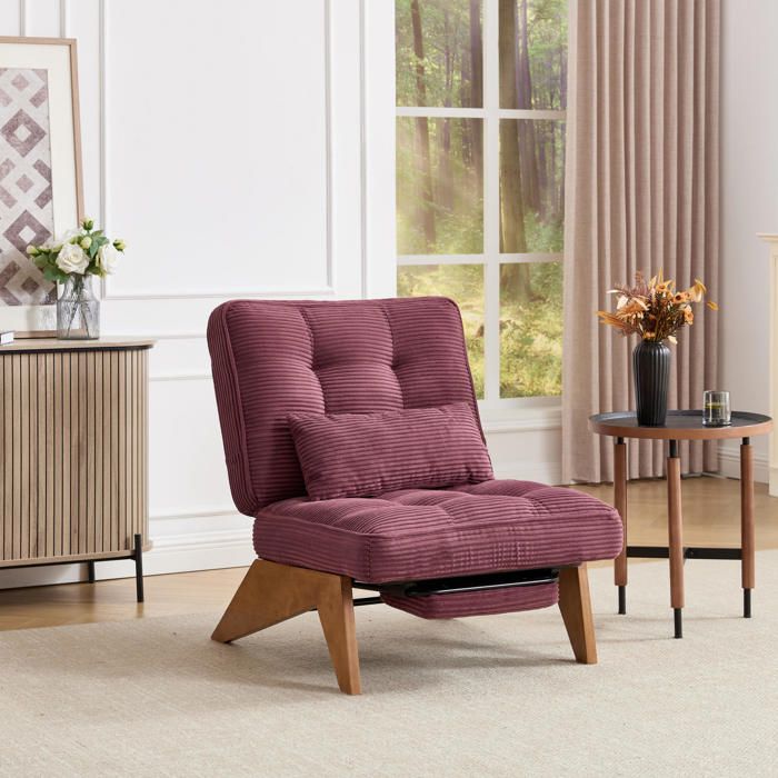 Fauteuil lounge 1 place dossier réglable avec repose-pieds coulissant coussin lombaire velours côtelé bordeaux