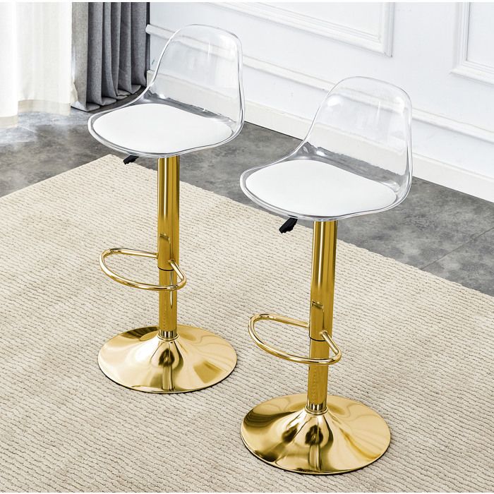 Lot de 2 tabourets de bar réglables 82-104 cm pivotants 360° dossier transparent métal doré