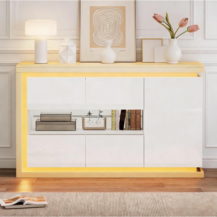 Buffet Bas 3 Portes 2 en Verre Trempé et LED - ELVMI - Moderne Séjour Blanc et Bois Naturel 140×40×84 cm