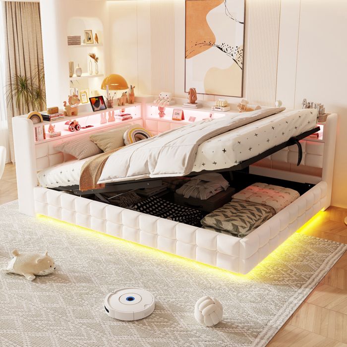 Lit Banquette Rembourré 140x200 cm Coffre Hydraulique LED Prise Intégrée USB et Type-C Étagères Sommier à Lattes - Beige