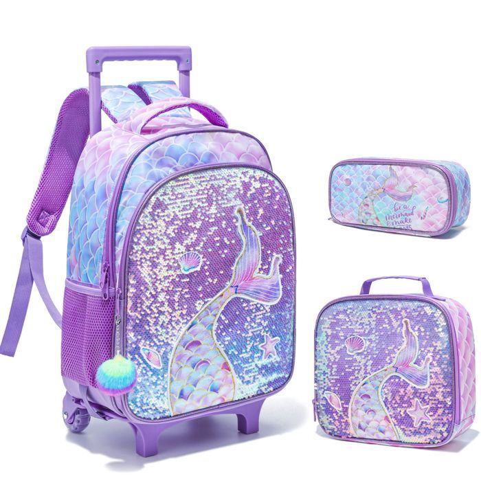 Ensemble sac à dos enfant violet 3 pièces roulettes sac repas et trousse motif sirène à sequins