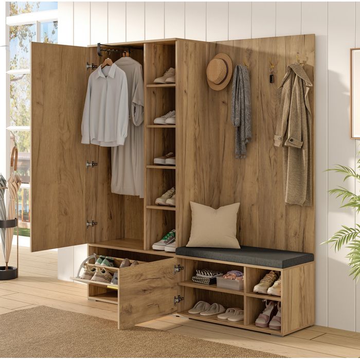 Meuble dentrée avec miroir tringle extensible 4 crochets et meuble à chaussures - 160×38×180 cm - noir et naturel