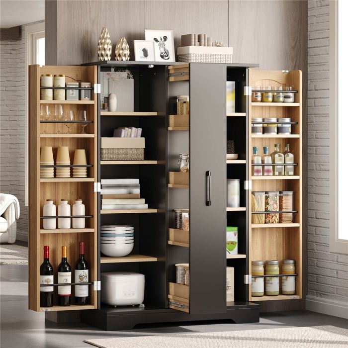 Meuble de cuisine 78x35x120 cm Noir MDF avec etageres a epices et tiroir vertical